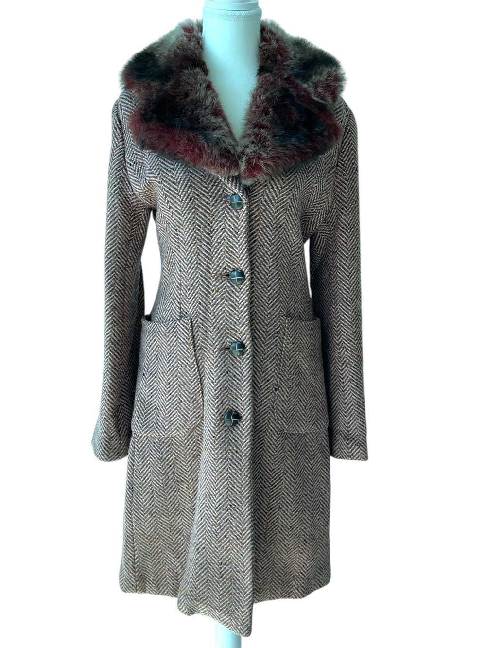 Women's Pink and Brown Herringbone Pea Coat with Faux Fur Collar Size Small